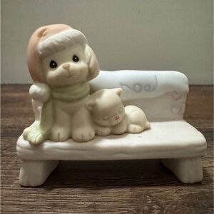 Precious moment, dog and kitten on bench figurine